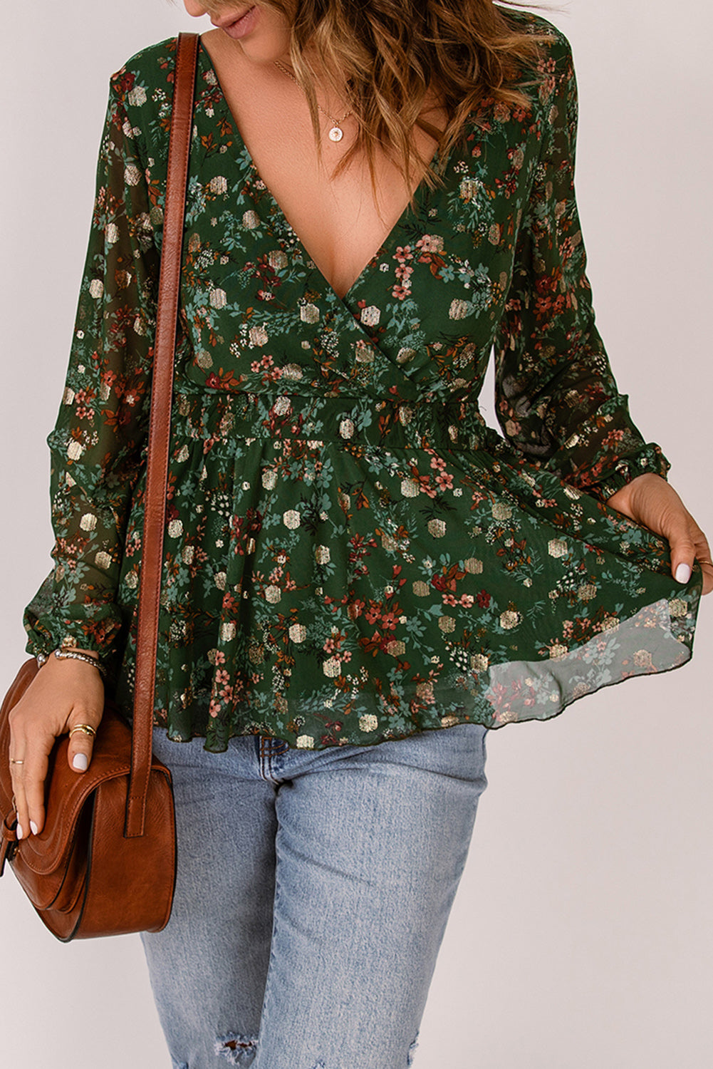 Floral Surplice Peplum Blouse-Mope's Closet