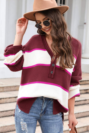 Striped Dropped Shoulder Side Slit Sweater-Mope's Closet