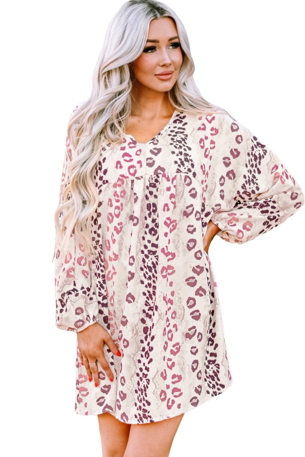 Leopard V-Neck Balloon Sleeve Babydoll Dress-Mope's Closet