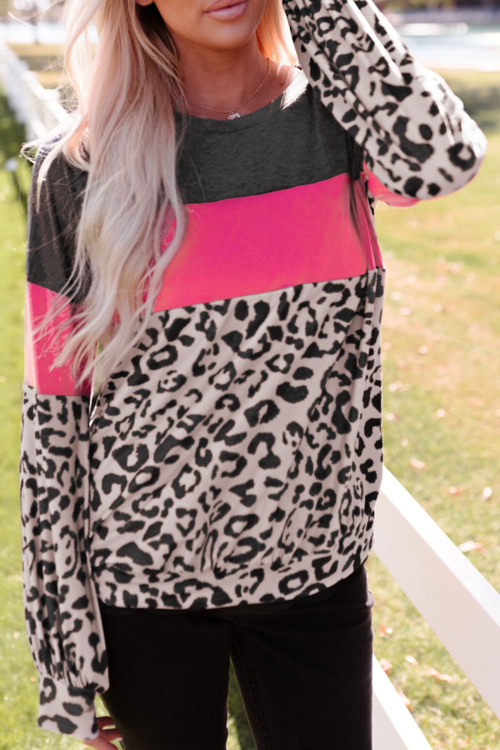 Leopard Print Color Block Long-Sleeve Top-Mope's Closet