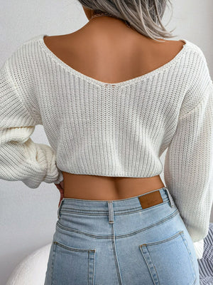 Twisted Front Long Sleeve Cropped Sweater-Mope's Closet