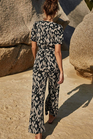 Printed Tie-Waist Surplice Jumpsuit-Mope's Closet