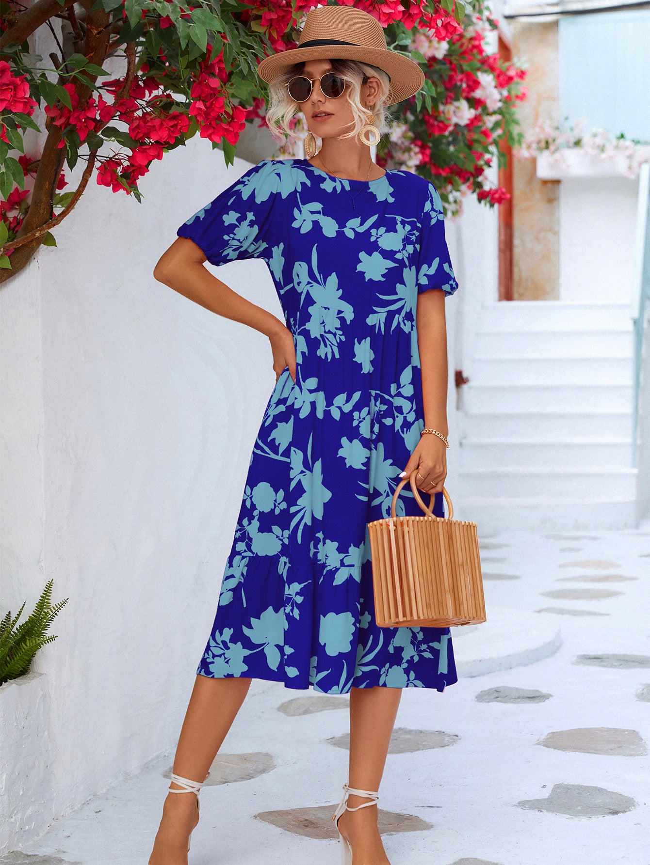 Floral Puff Sleeve Ruffle Hem Midi Dress-Mope's Closet