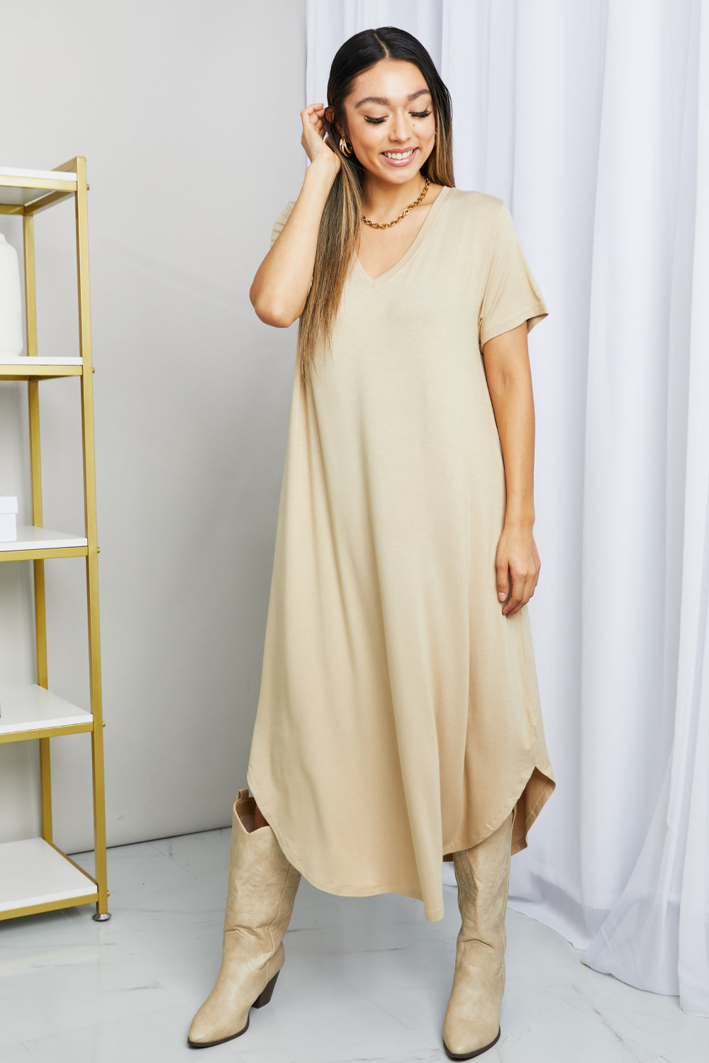 HYFVE V-Neck Short Sleeve Curved Hem Dress in Caffe Latte-Mope's Closet