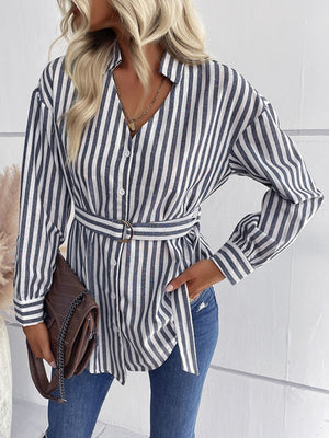 Striped Curved Hem Belted Shirt-Mope's Closet