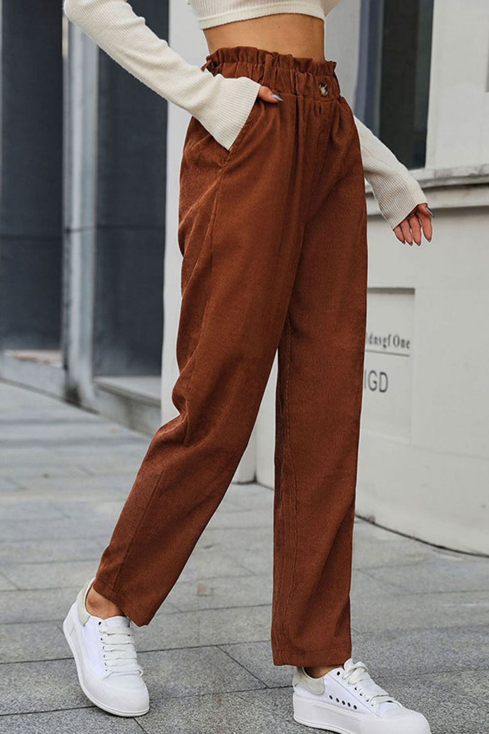 Paperbag Waist Straight Leg Pants with Pockets-Mope's Closet