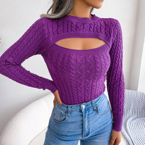 Cutout Cable-Knit Round Neck Sweater-Mope's Closet