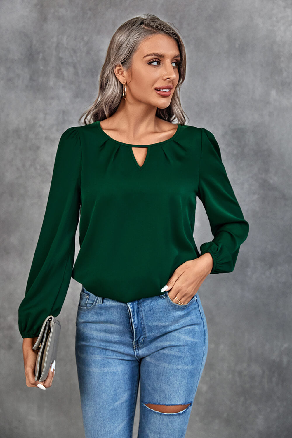 Pleated Detail Cutout Puff Sleeve Blouse-Mope's Closet