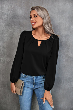 Pleated Detail Cutout Puff Sleeve Blouse-Mope's Closet