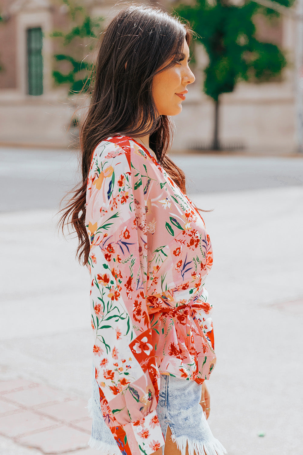 Floral Belted Surplice Blouse-Mope's Closet