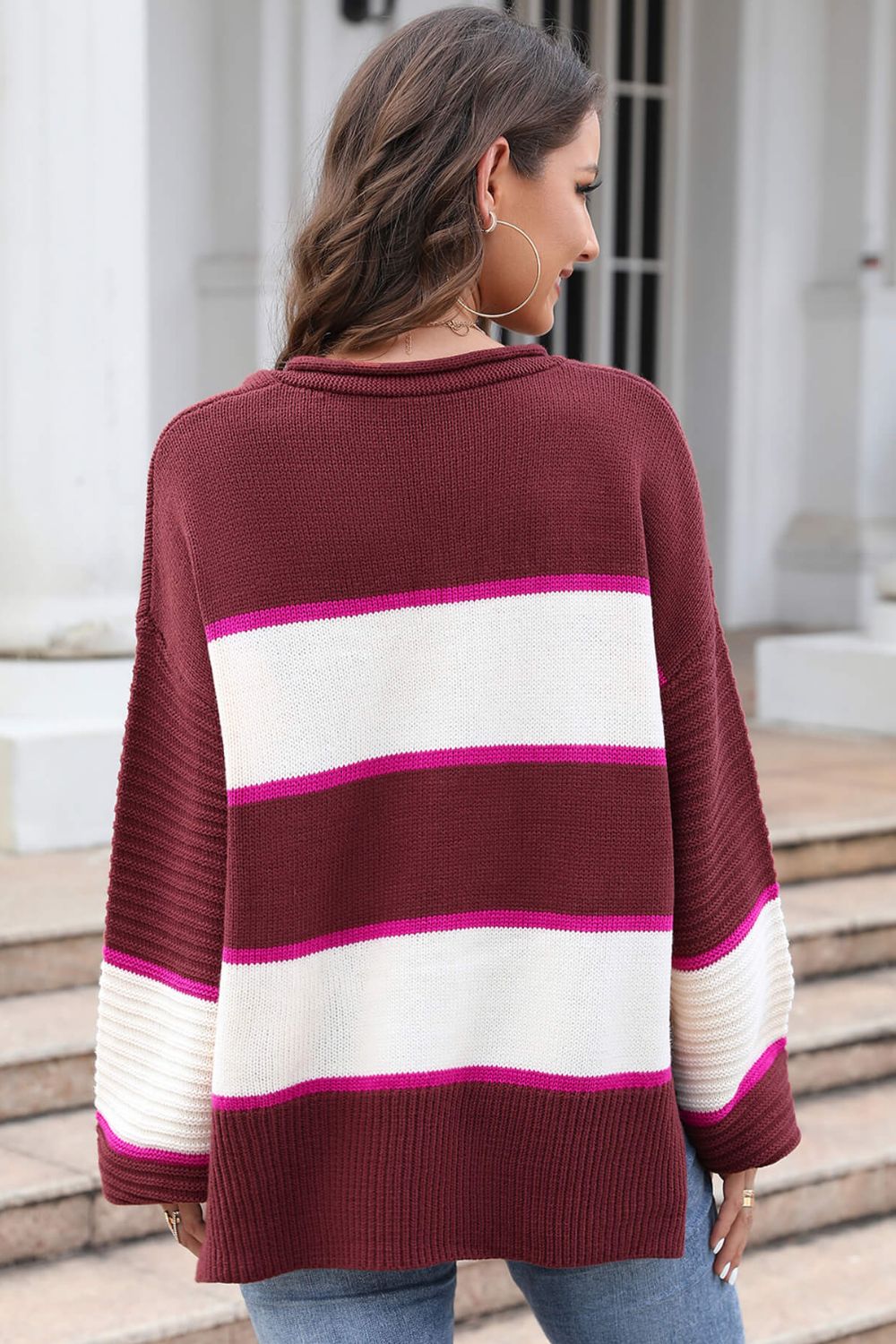 Striped Dropped Shoulder Side Slit Sweater-Mope's Closet