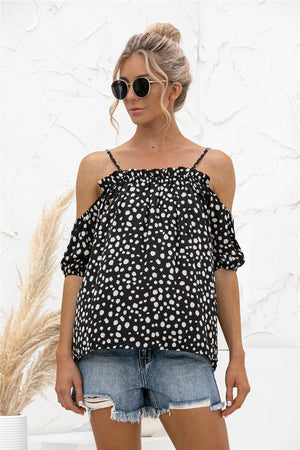 Printed Cold-Shoulder Frill Trim Blouse-Mope's Closet