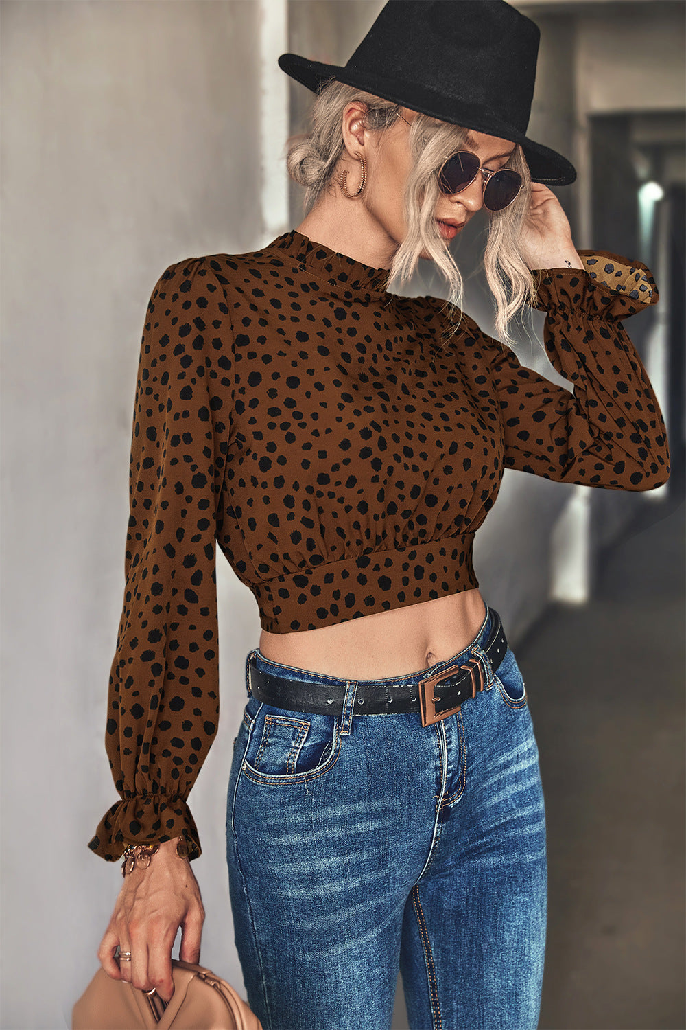 Animal Print Tie-Back Cropped Blouse-Mope's Closet