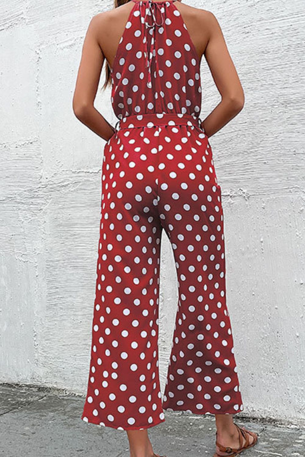 Polka Dot Grecian Wide Leg Jumpsuit-Mope's Closet