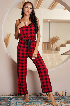 Plaid Lace Trim Spaghetti Strap Jumpsuit-Mope's Closet