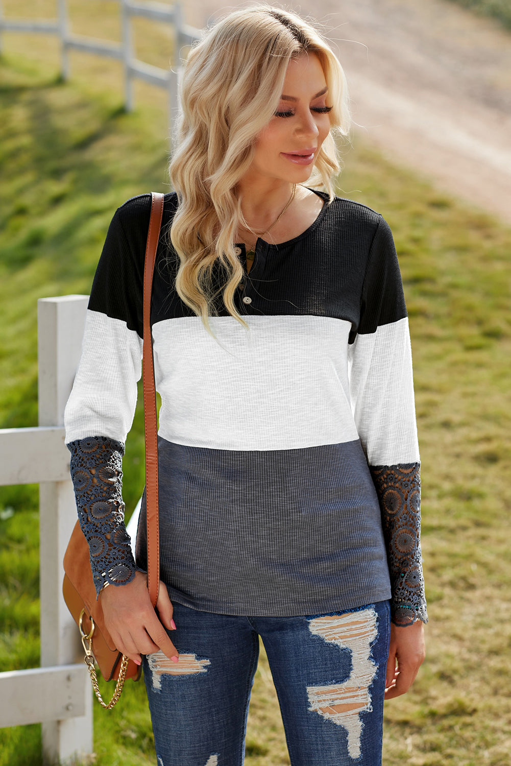 Color Block Spliced Lace Sleeve Ribbed Top-Mope's Closet