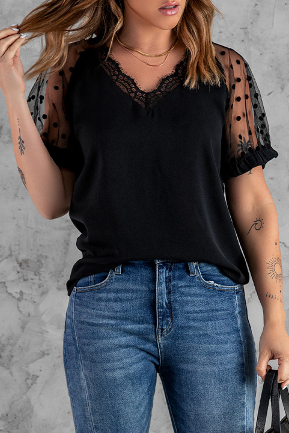 Polka Dot Lace Trim Spliced Mesh Blouse-Mope's Closet