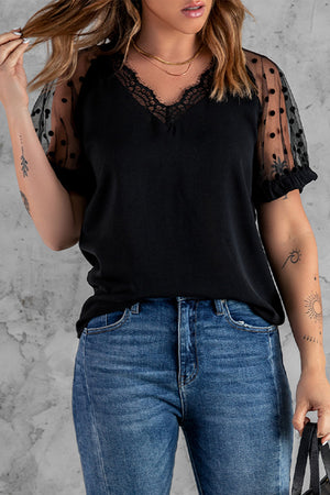 Polka Dot Lace Trim Spliced Mesh Blouse-Mope's Closet