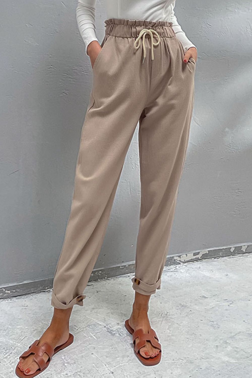 Drawstring Paperbag Waist Button Detail Pants-Mope's Closet