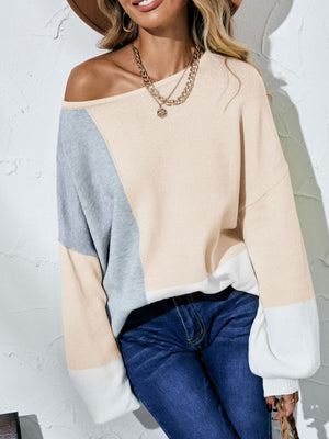 Color Block Balloon Sleeve Boat Neck Sweater-Mope's Closet