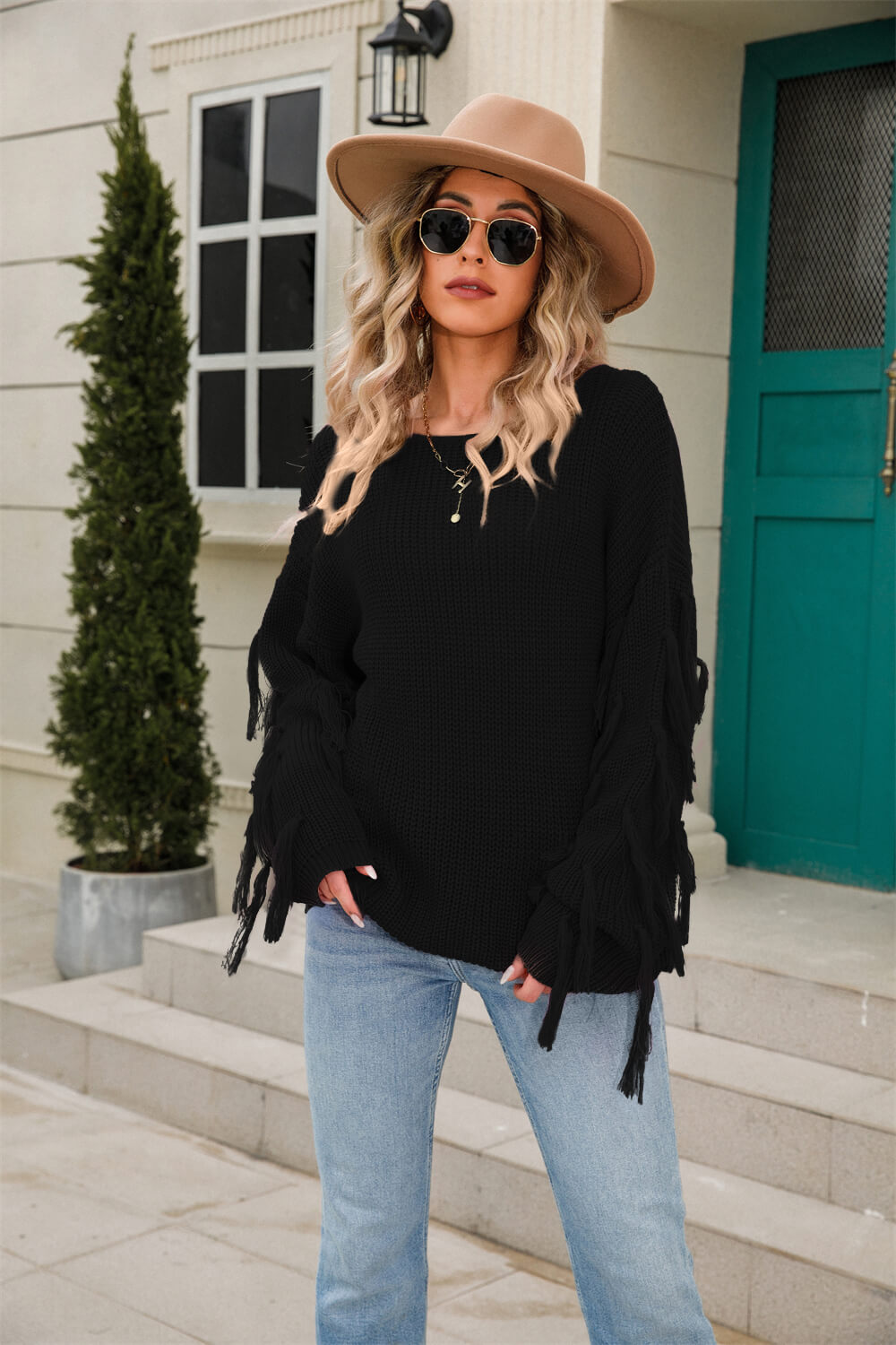 Tassel Detail Rib-Knit Round Neck Sweater-Mope's Closet