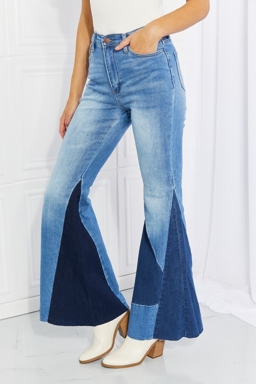 Vibrant Sienna Full Size Color Block Flare Jeans-Mope's Closet