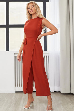 Belted Mock Neck Sleeveless Jumpsuit-Mope's Closet