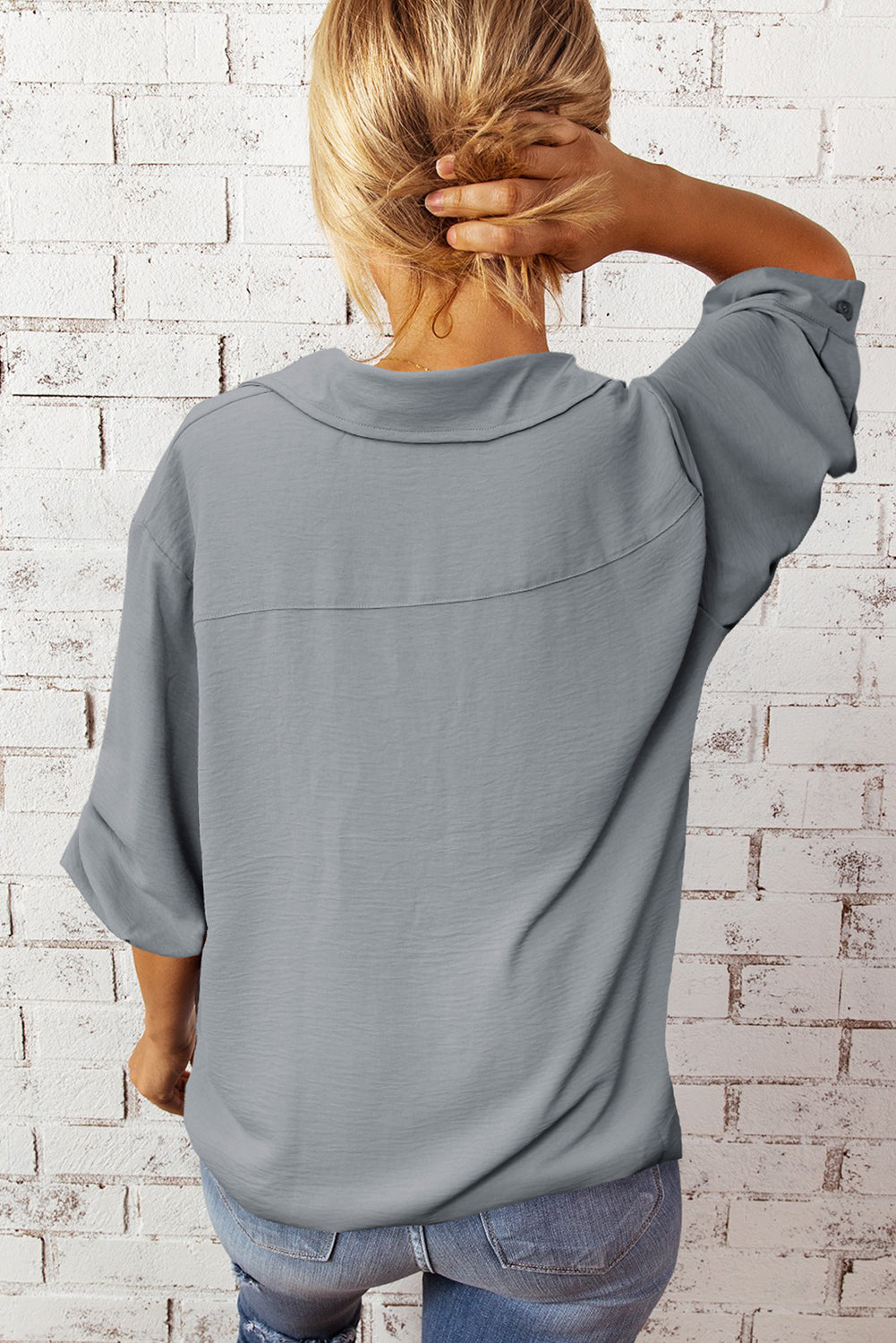 Textured Johnny Collar Three-Quarter Sleeve Blouse-Mope's Closet