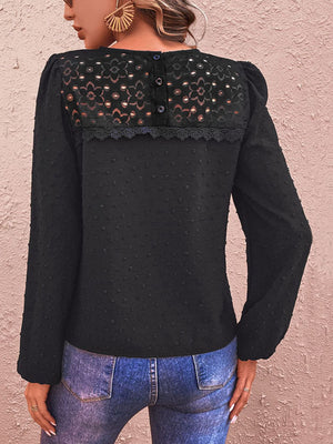 Swiss Dot Lace Trim Long Sleeve Blouse-Mope's Closet