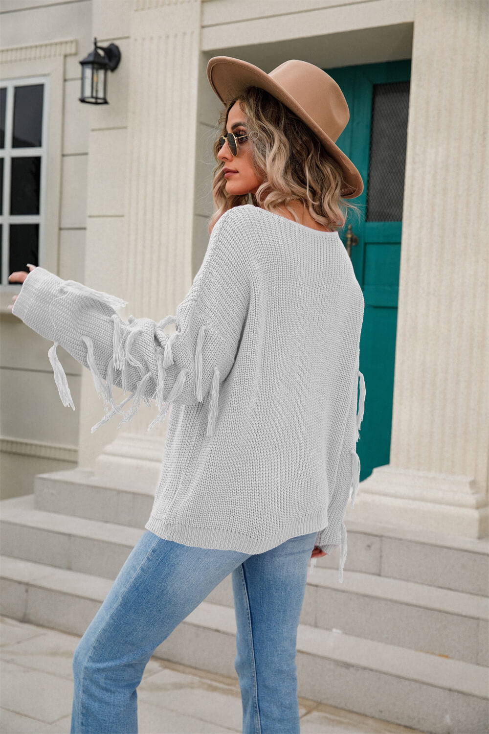 Tassel Detail Rib-Knit Round Neck Sweater-Mope's Closet