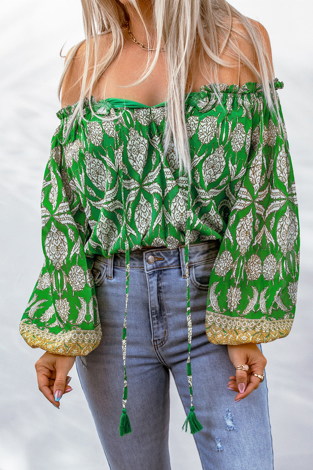 Printed Tassel Tie Balloon Sleeve Blouse-Mope's Closet