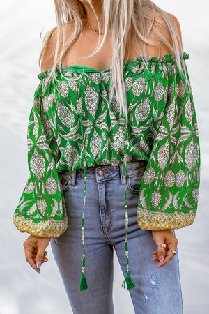 Printed Tassel Tie Balloon Sleeve Blouse-Mope's Closet