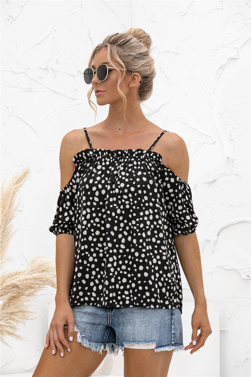 Printed Cold-Shoulder Frill Trim Blouse-Mope's Closet