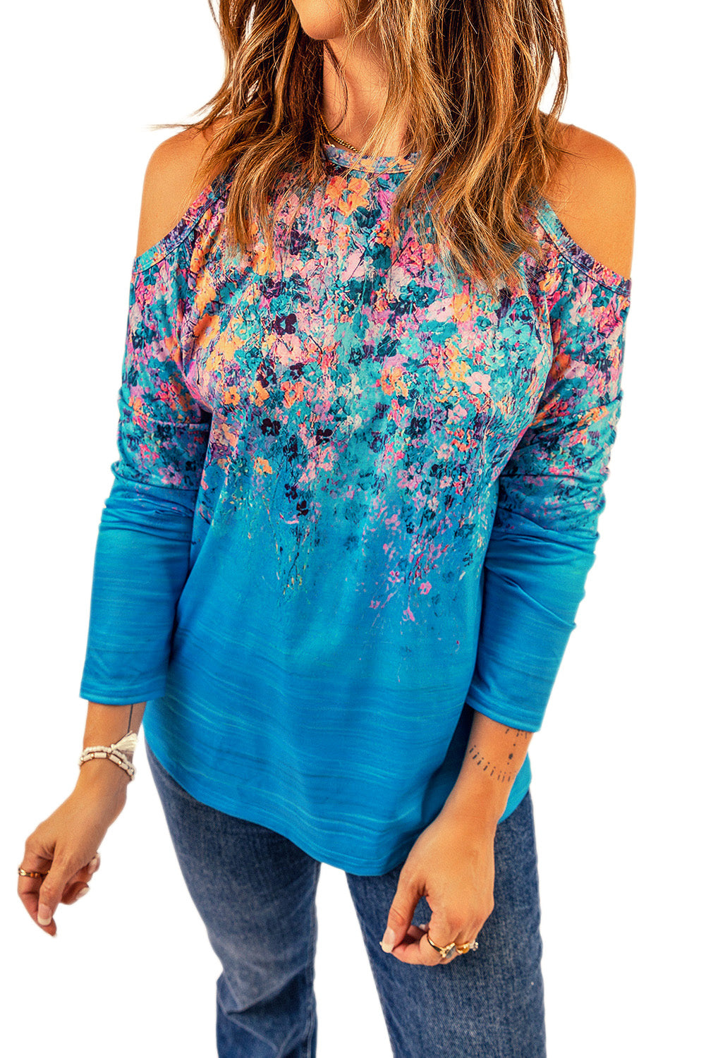 Floral Cold-Shoulder Long Sleeve Round Neck Top-Mope's Closet