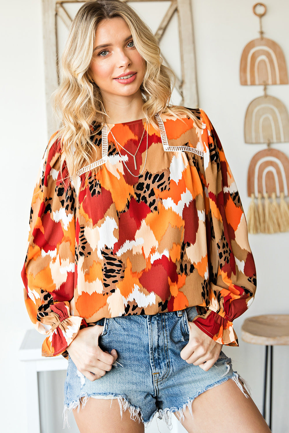 Printed Flounce Sleeve Buttoned Blouse-Mope's Closet