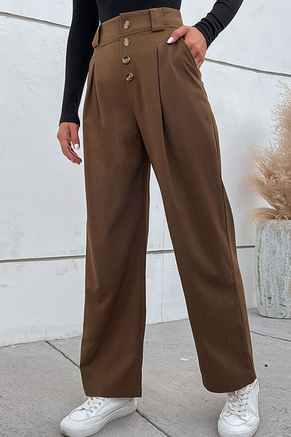 Button-Fly Pleated Waist Wide Leg Pants with Pockets-Mope's Closet