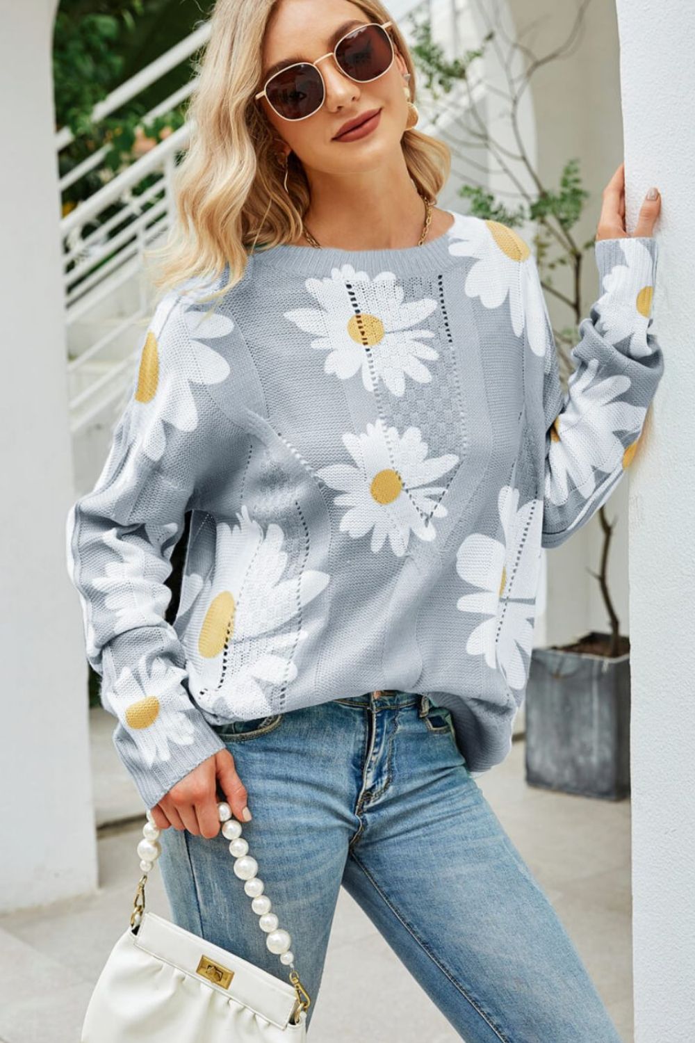 Daisy Print Openwork Round Neck Sweater-Mope's Closet