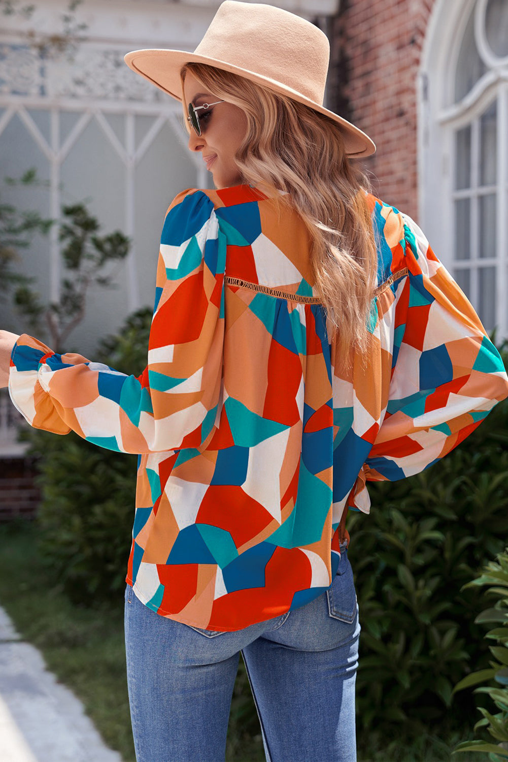 Geometric Flounce Sleeve Blouse-Mope's Closet