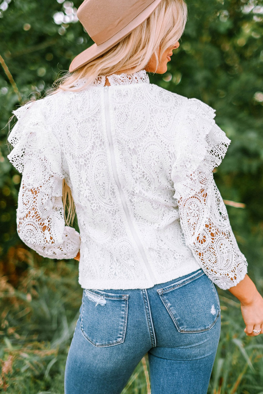 Ruffled Zip-Back Lace Blouse-Mope's Closet