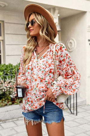 Floral Tie Neck Lantern Sleeve Blouse-Mope's Closet