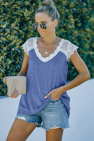 Scalloped Spliced Lace V-Neck Top-Mope's Closet