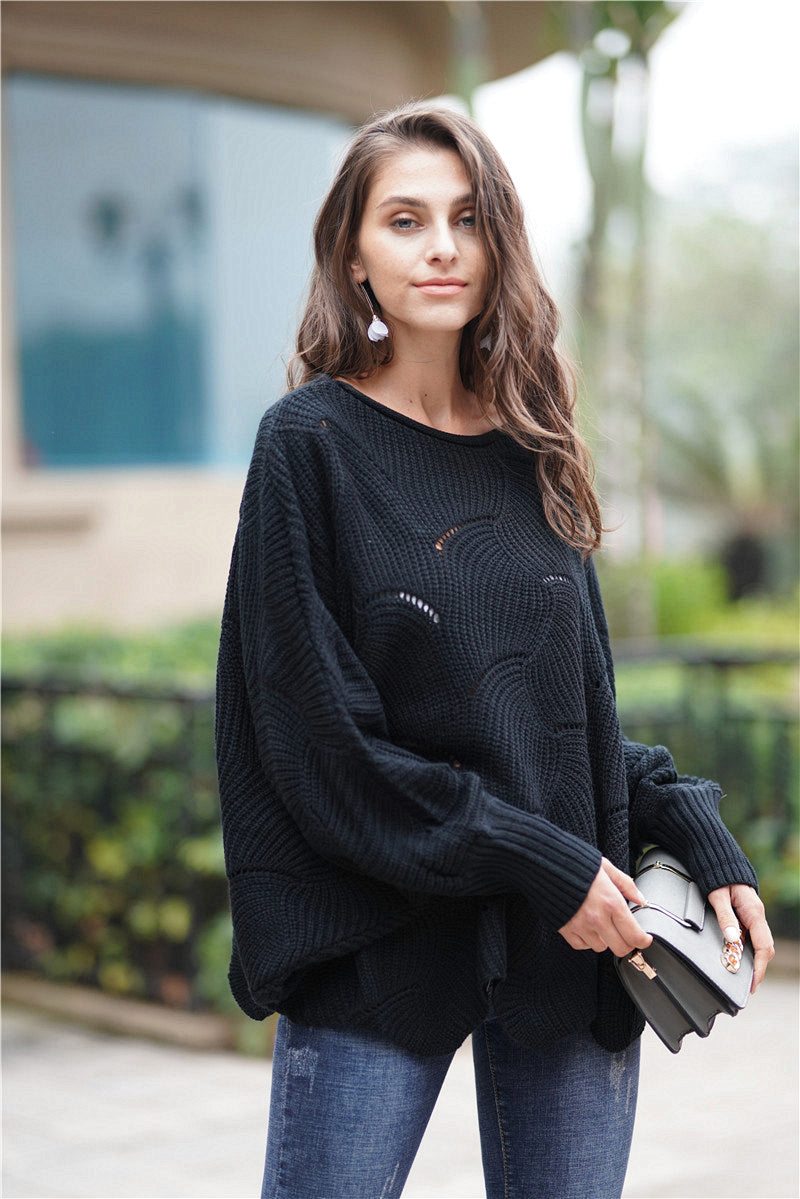 Openwork Boat Neck Sweater with Scalloped Hem-Mope's Closet