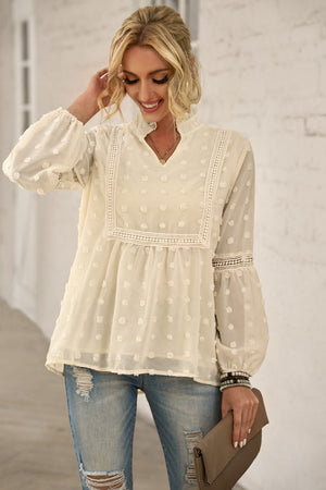 Swiss Dot Frilled Notched Neck Blouse-Mope's Closet