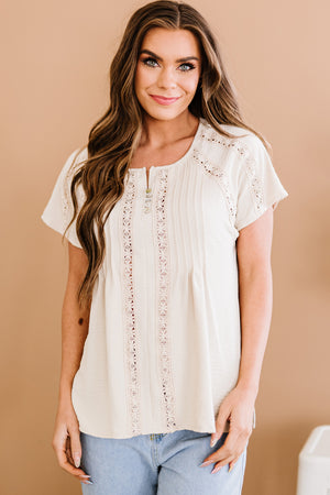 Crochet Eyelet Buttoned Short Sleeves Top-Mope's Closet