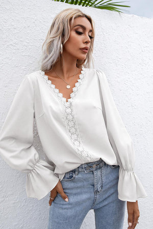 Lace Trim Flounce Sleeve Blouse-Mope's Closet