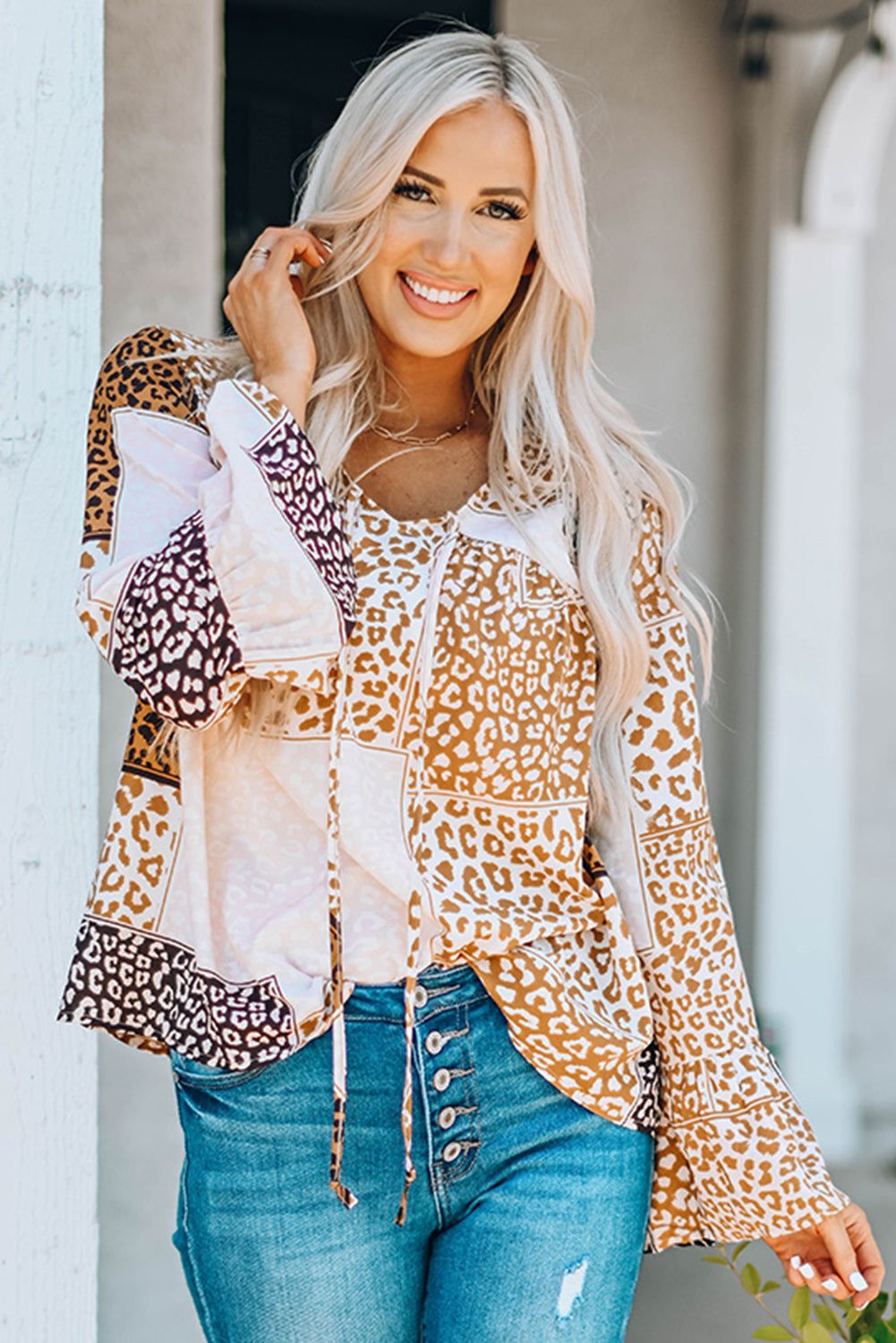 Leopard Patchwork Tied Flare Sleeve Blouse-Mope's Closet