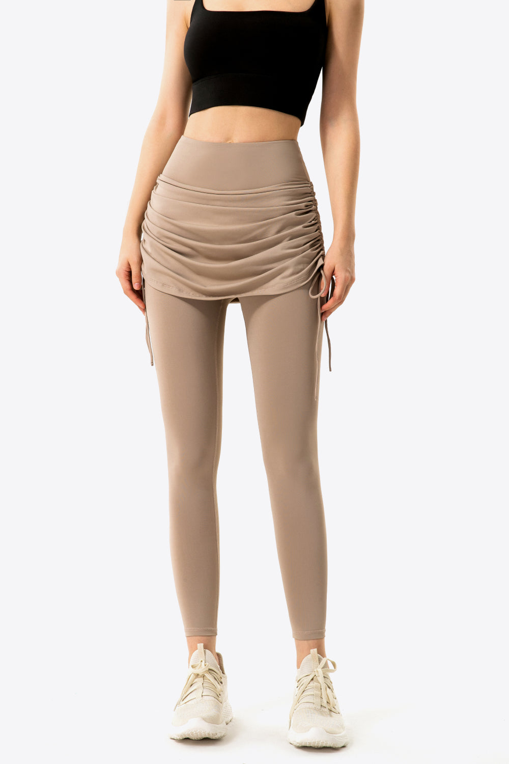 Drawstring Ruched Faux Layered Yoga Leggings-Mope's Closet