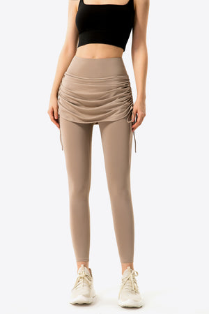 Drawstring Ruched Faux Layered Yoga Leggings-Mope's Closet