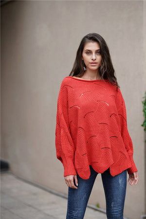 Openwork Boat Neck Sweater with Scalloped Hem-Mope's Closet