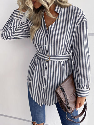 Striped Curved Hem Belted Shirt-Mope's Closet